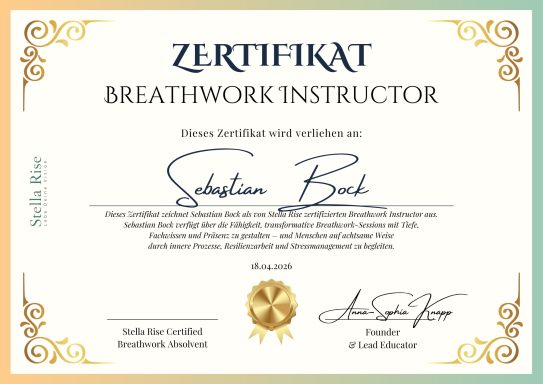 Breathwork Ausbildung Zertifikat für einen Breathwork-Instructor mit Unterschriften und goldener Siegelschrift.