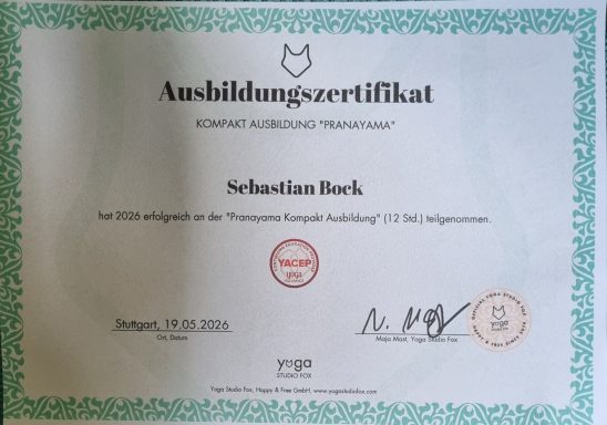 Ausbildungszertifikat von Sebastian Bock, mit Unterschrift und Stempel.